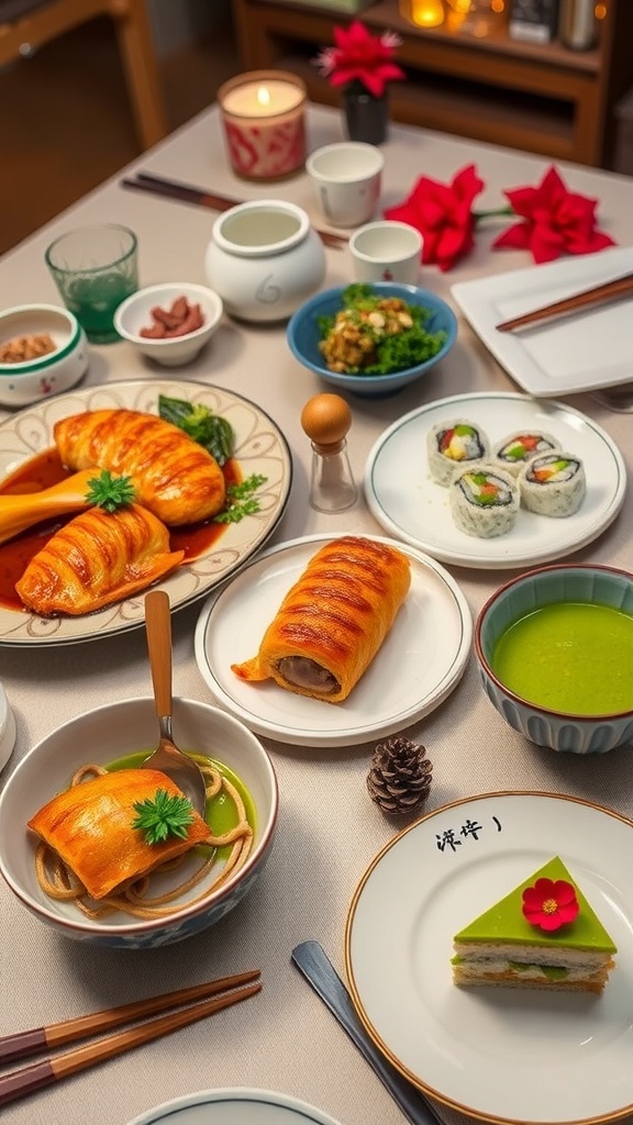 A festive Japanese Christmas dinner featuring teriyaki chicken, sushi rolls, miso soup, and matcha cake on a decorated table.
